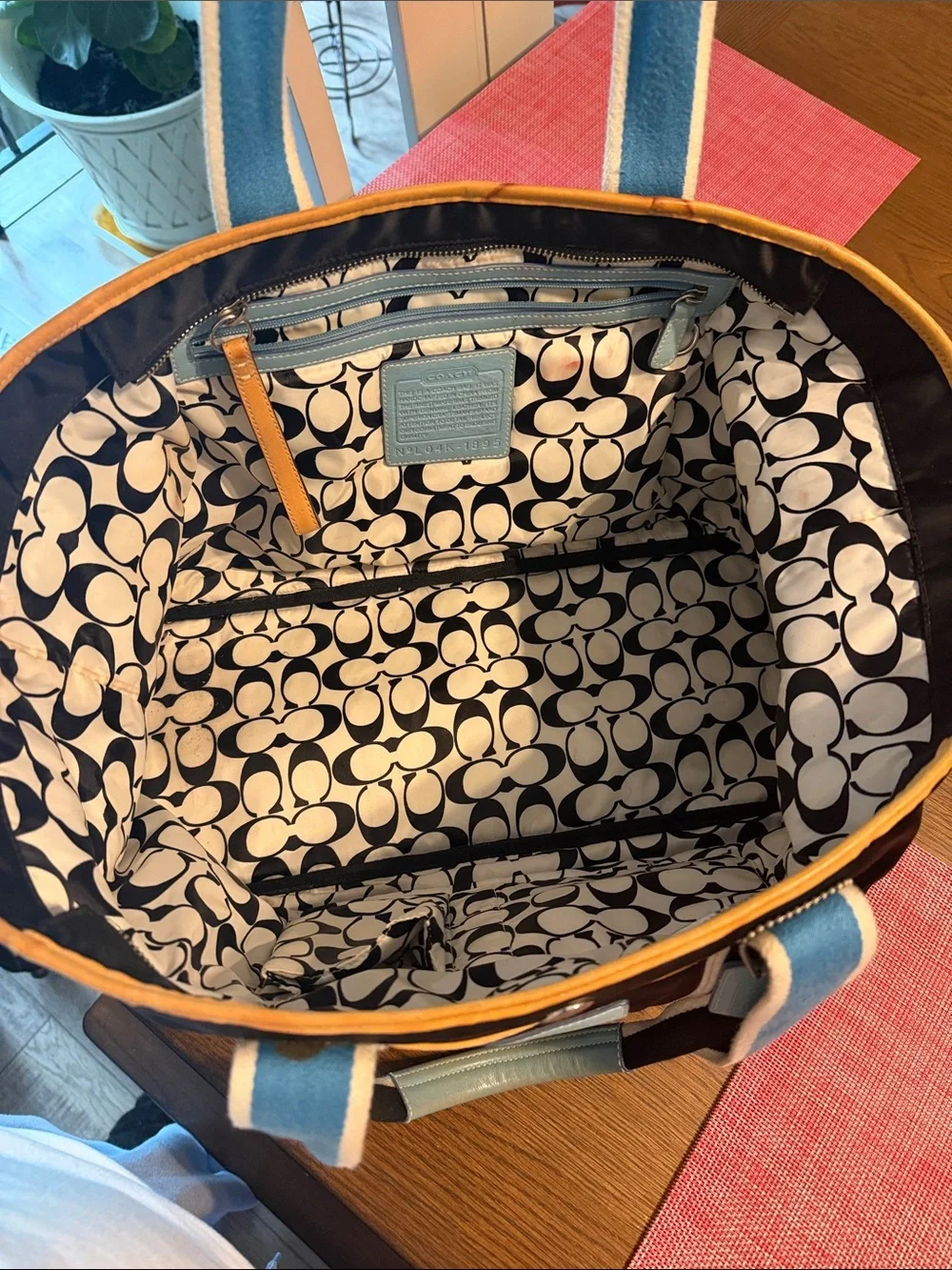 Coach Black Nylon Tote with Light Blue Trim and Yellow Piping - Picture 2 of 3
